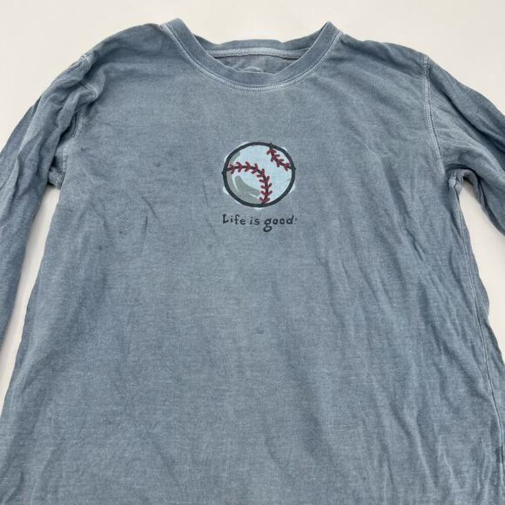 Life is Good kids boy's baseball long sleeve blue gray t-shirt crew neck large